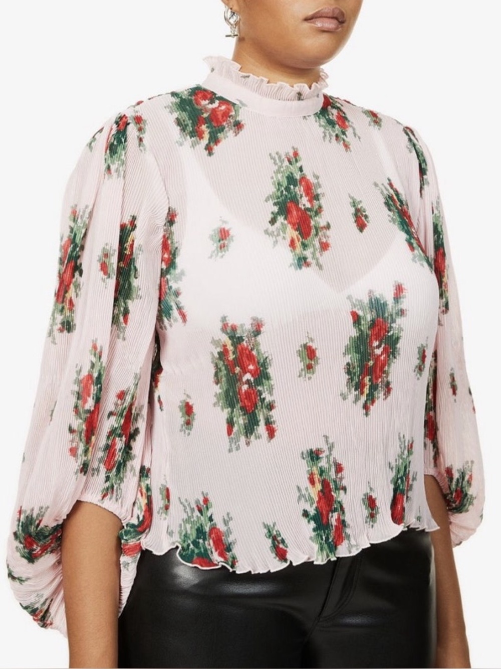 Ganni Pink Floral Ruffle Mock Neck feminine georgette bohemian balloon sleeve co - Picture 2 of 9